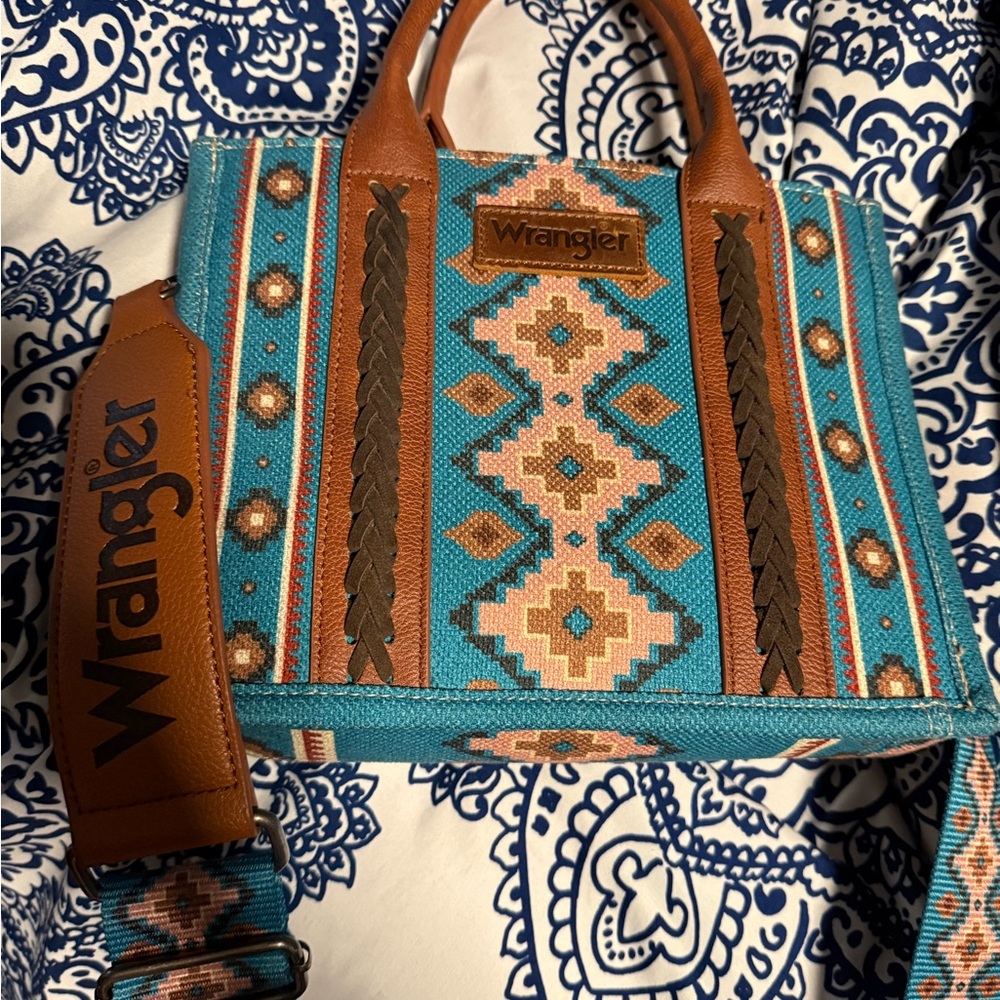 Wrangler Turquoise and Brown Aztec Tote with Braided Trim